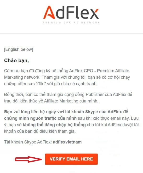 Email xác nhận đăng ký Adflex